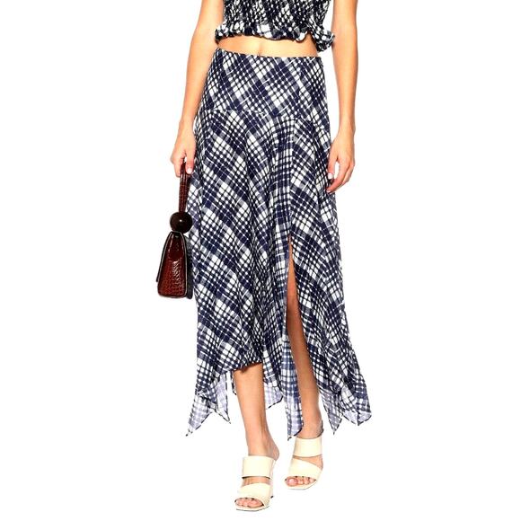 Rixo London Maggie Navy Sponge Check Midi Skirt Size S Asymmetrical Hem Open - Picture 1 of 11